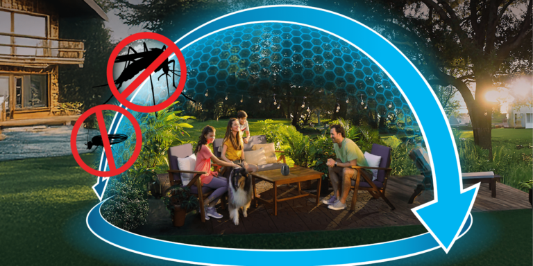 picture showing the graphic of a protective barier with happy family inside without mosquitoes